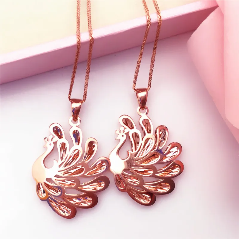 

New 585 purple gold ethnic style necklace Russian women's 18K rose gold glittering peacock pendant elegant and fashionable jewel