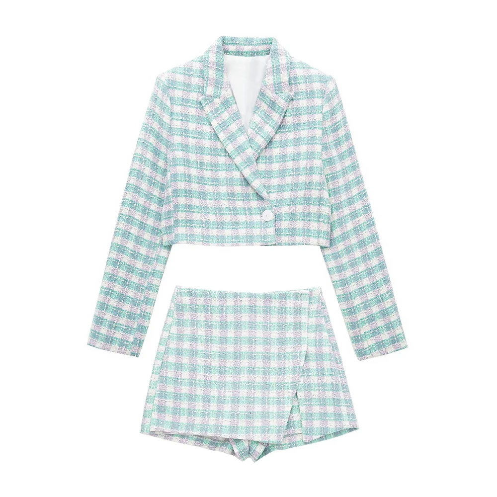 Женский укороченный костюм из двух предметов в клетку, модный элегантный повседневный блейзер с лацканами в классическом стиле
Женский укороченный костюм из двух предметов в клетку, модный элегантный повседневный блейзер с лацканами в классическом стиле