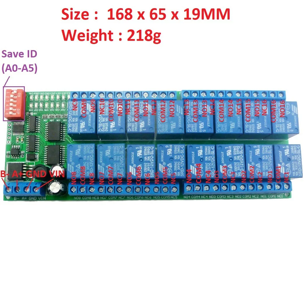 

RS485 Relay Module Modbus RTU Serial Protocol 485 Remote Control Switch Relay Board for PLC PTZ Camera Motor DC 12V 16 Channel