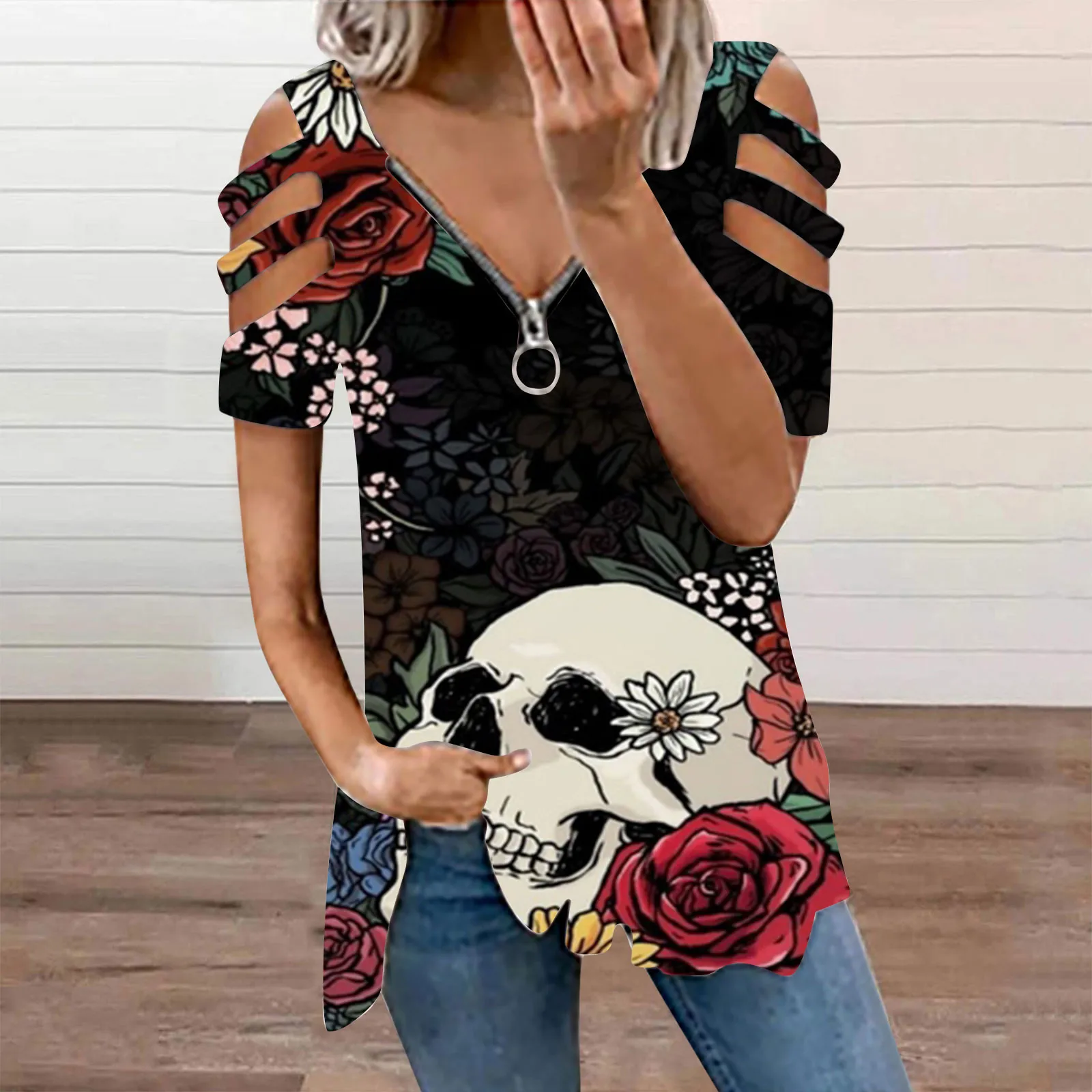 Summer Women V Neck Floral Print Vintage Top Casual Loose Sexy Hollow Out Zipper Plus Size Short Sleeve Pullover Tshirt Tops
Summer Women V Neck Floral Print Vintage Top Casual Loose Sexy Hollow Out Zipper Plus Size Short Sleeve Pullover Tshirt Tops