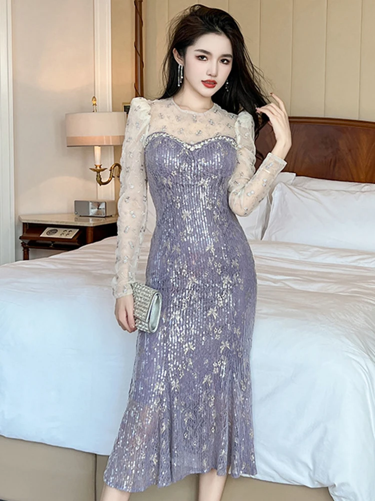 Fashion Ladies Mesh Splic Lace Long Evening Dress Women Clothing Chic Sparkly Sequin Skinny Maxi Party Prom Mujer Robe Vestidos 
Fashion Ladies Mesh Splic Lace Long Evening Dress Women Clothing Chic Sparkly Sequin Skinny Maxi Party Prom Mujer Robe Vestidos