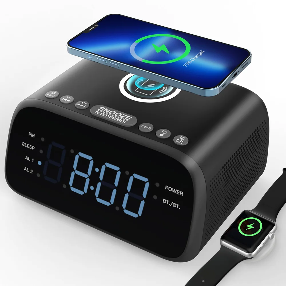 15 Вт Беспроводная зарядка для дома Caixa De Som Bluetooth-динамик с цифровым будильником