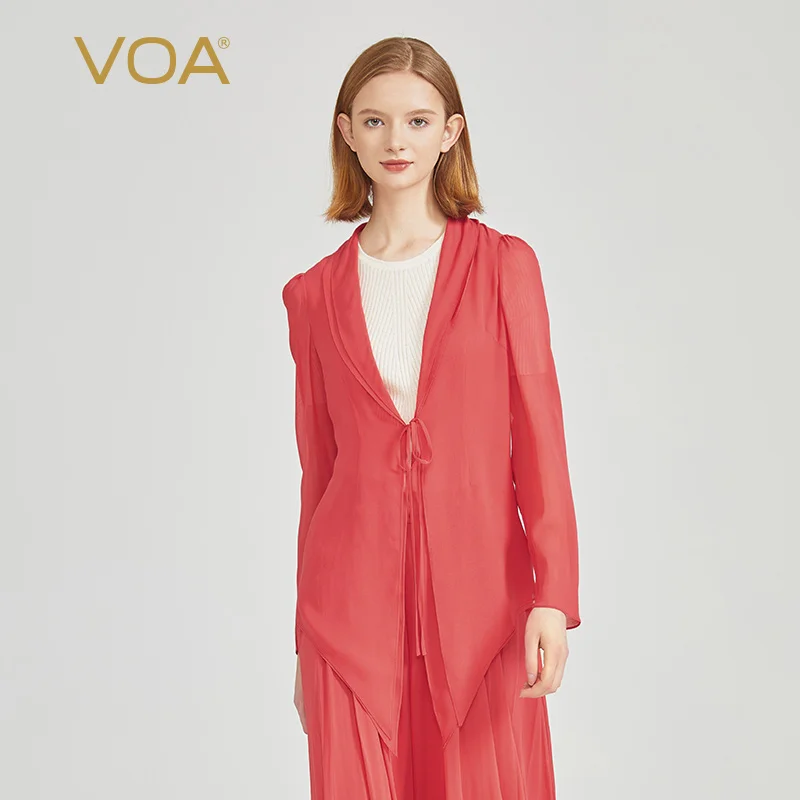 VOA Pure Silk Red Lightweight Georgette Lace Up Bubble Long Sleeve Tops Women Asymmetric Design Silk Sunscreen Coat WE275
VOA Pure Silk Red Lightweight Georgette Lace Up Bubble Long Sleeve Tops Women Asymmetric Design Silk Sunscreen Coat WE275