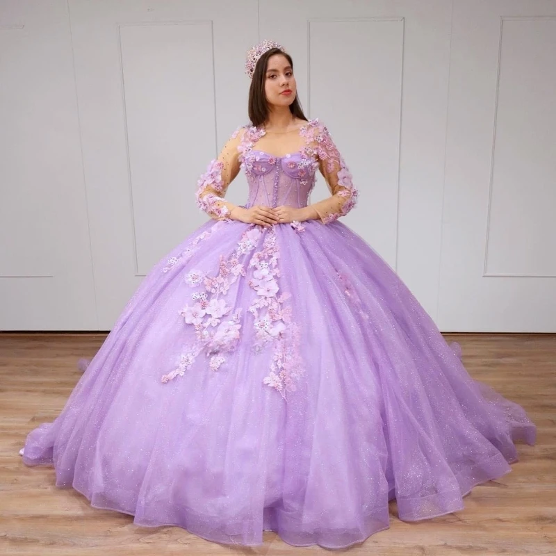

Doymeny Lavender Sweetheart Quinceanera Dress Ball Gown Long Sleeved 3DFlowers Appliques Beading Corset Pageant Sweet 15 Party