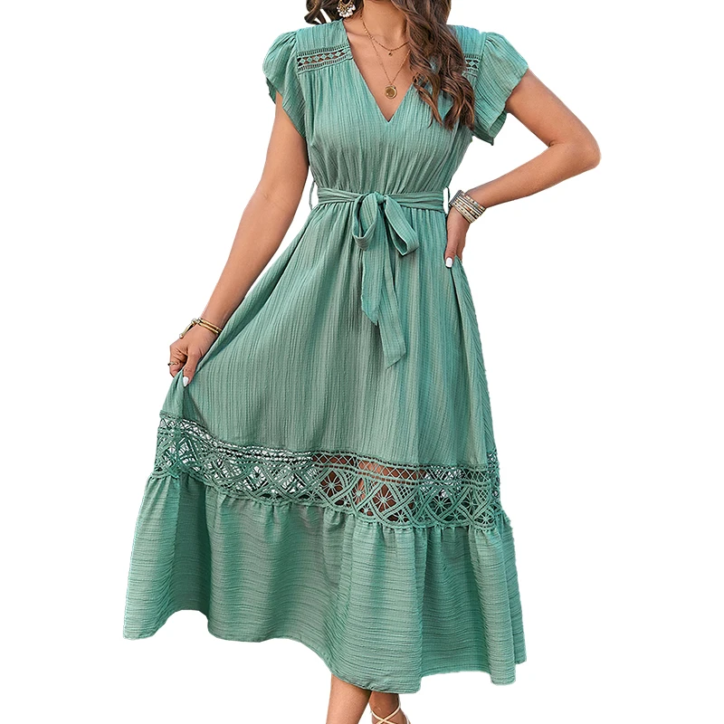 Fashion Long Women Dress 2023 Green Butterfly Sleeves V Neck Female Clothing Pink Hollow Out Lace Up Causal Midi Dress Ladies
Fashion Long Women Dress 2023 Green Butterfly Sleeves V Neck Female Clothing Pink Hollow Out Lace Up Causal Midi Dress Ladies