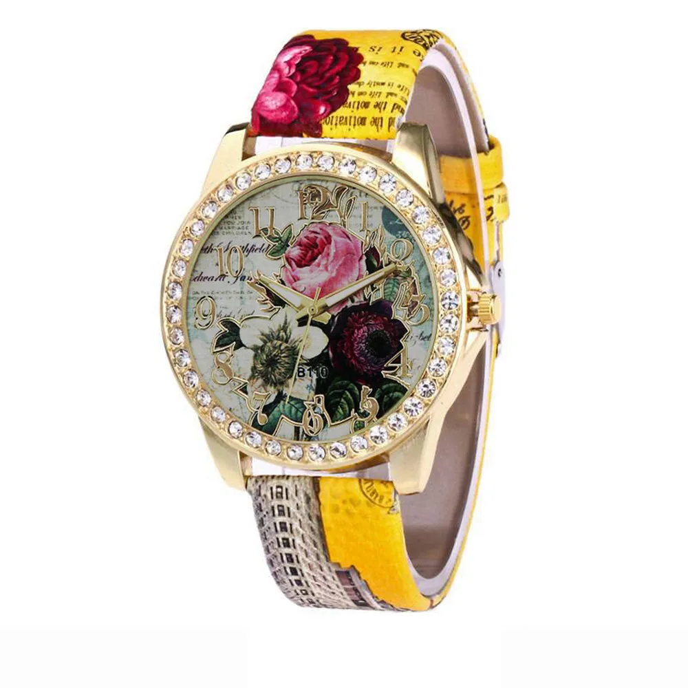 

Fashion Luxury Women Rhinestone Inlaid Rose Flower Pattern Round Dial Faux Leather Band Analog Quartz Wrist Montre Watch