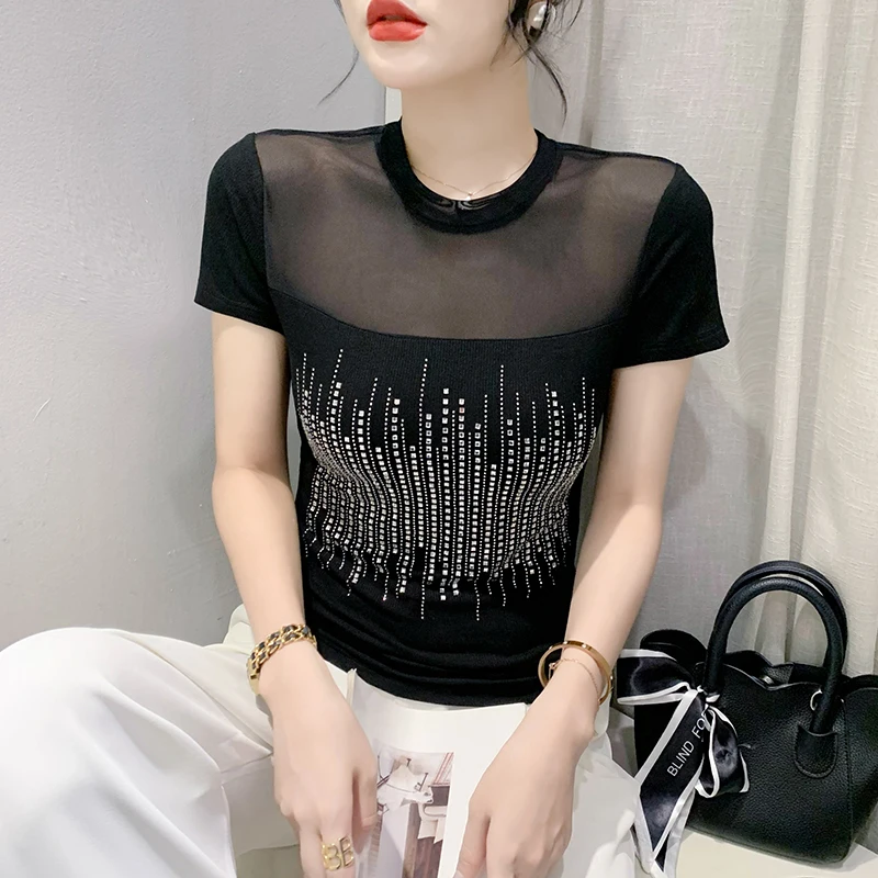 

Женская футболка с круглым вырезом, сетчатая эластичная футболка составного кроя с блестящими стразами и коротким рукавом, модель 2023 в Корейском стиле на лето, 36054