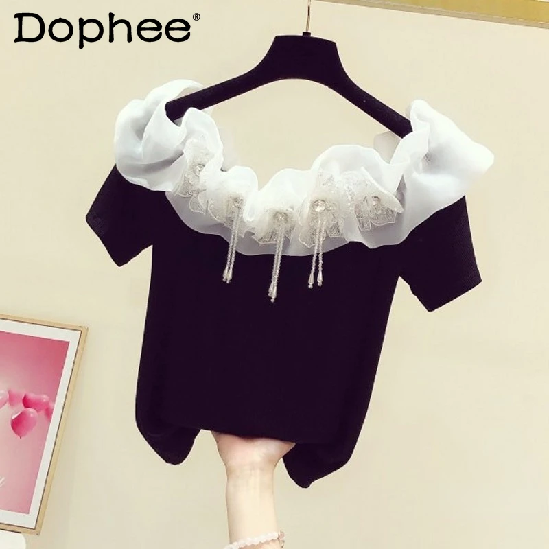 Fairy Temperament Exquisite Rhinestone Flowers Ruffled Short Sleeves Off-Shoulder T-shirt Women 2022 Summer New Casual Top
Fairy Temperament Exquisite Rhinestone Flowers Ruffled Short Sleeves Off-Shoulder T-shirt Women 2022 Summer New Casual Top