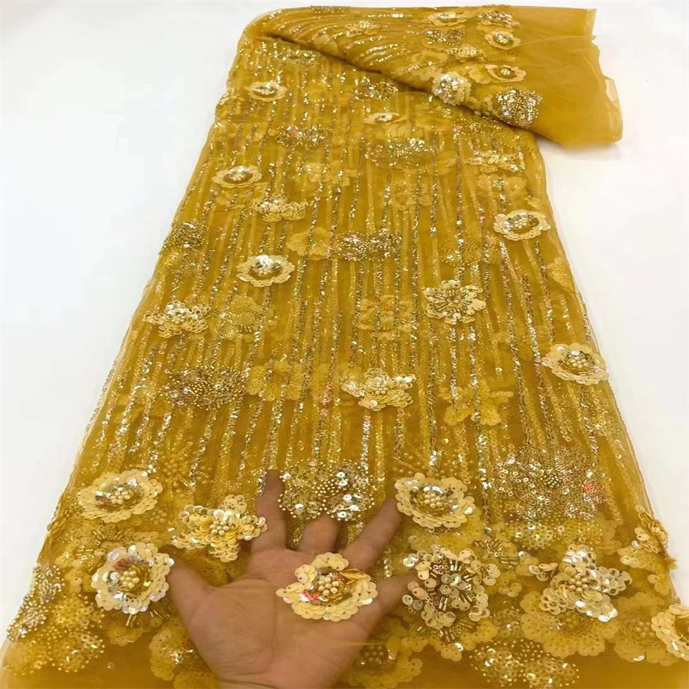 

Африканская кружевная ткань, отделанная бисером, бриллиантовая ткань 2022, высококачественное кружево, 5 ярдов, нигерийский материал, ткань африканский кружевной тюль с пайетками