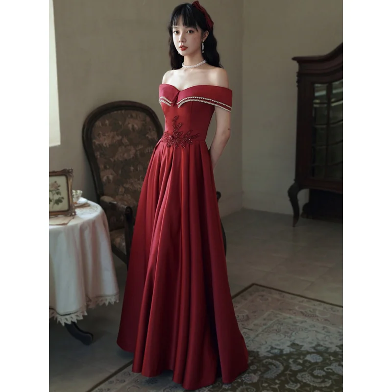 Bride dresses wedding dress off-Shoulder Satin Toast Bride Summer New Burgundy Elegant Engagement Wedding Evening Dress L0766
Bride dresses wedding dress off-Shoulder Satin Toast Bride Summer New Burgundy Elegant Engagement Wedding Evening Dress L0766