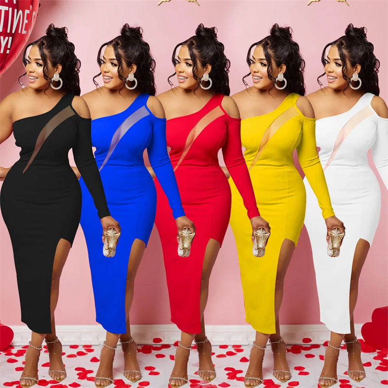 Summer 2023 New Dress For African Women Fashionable And Sexy Lady Solid Color One Shoulder Mesh Splice Long Sleeve Split Dresses
Summer 2023 New Dress For African Women Fashionable And Sexy Lady Solid Color One Shoulder Mesh Splice Long Sleeve Split Dresses