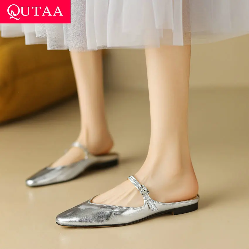 

QUTAA 2023 Women Slippers Flat Heel Square Toe Mature Sandal Party Casual Genuine Leather Spring Summer Shoes Woman Size 34-40