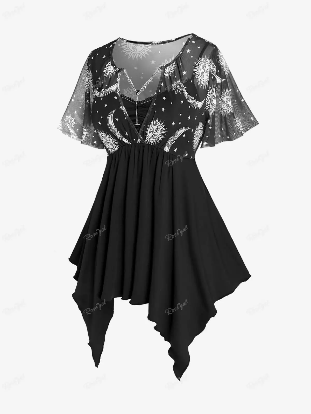 

ROSEGAL Plus Size Women Colorblock Tunic T-shirt Sun Moon Printed Mesh Panel Handkerchief Twofer Tee Fashion Black Tops