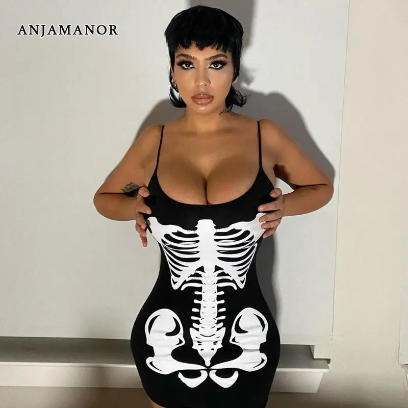 ANJAMANOR Skeleton Print Black Club Dress Sexy Spaghetti Strap Backless Bodycon Mini Dresses for Women Goth Outfit D82-BF15
ANJAMANOR Skeleton Print Black Club Dress Sexy Spaghetti Strap Backless Bodycon Mini Dresses for Women Goth Outfit D82-BF15