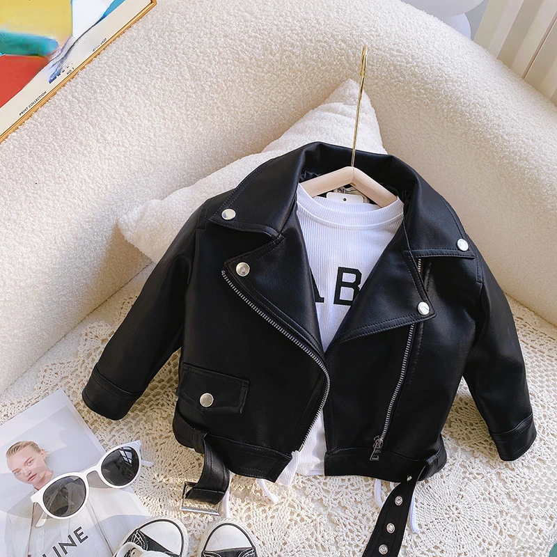 

Solid Full Sleeve Zipper Leather Top Jacket Children Fasshion Girls Kids Baby Princess Coat Outwear Buttons 2022 New 2-8Y