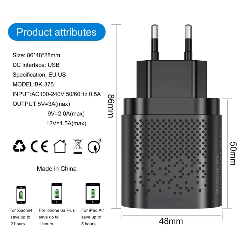 EU/US Plug USB Charger 3A Quik Charge 3.0 Mobile Phone Charger For iPhone 11 4 Port 48W Fast Wall Chargers
EU/US Plug USB Charger 3A Quik Charge 3.0 Mobile Phone Charger For iPhone 11 4 Port 48W Fast Wall Chargers
