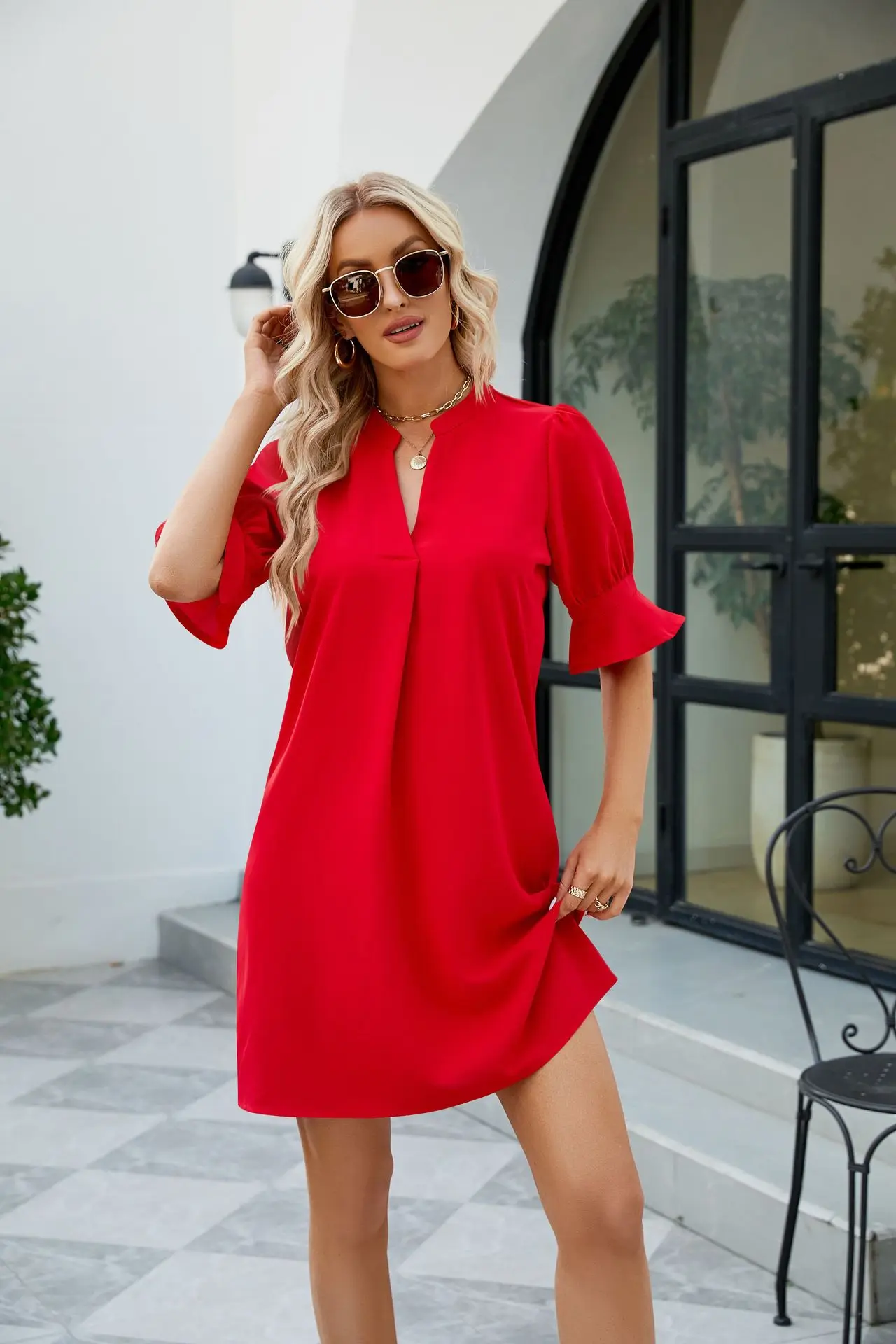 

2023 New Dress Women's Summer V-Neck 5/4 Flare Sleeve Casual Loose Mini Dress Fashion Elegant chic Solid Color Vintage Long Dres