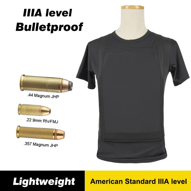

Легкая Скрытая пуленепробиваемая футболка US IIIA NIJ 9 мм Para FMJ .44 Mag. Пуленепробиваемый жилет с защитой от пули 3A, мягкая футболка