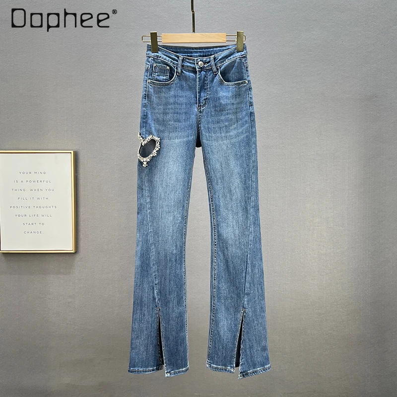 Rhinestone Ripped Denim Jeans Woman 2022 New Spring Women's Trendy High Waist Slimming Diamond-Embedded Fork Bootcut Pants
Rhinestone Ripped Denim Jeans Woman 2022 New Spring Women's Trendy High Waist Slimming Diamond-Embedded Fork Bootcut Pants