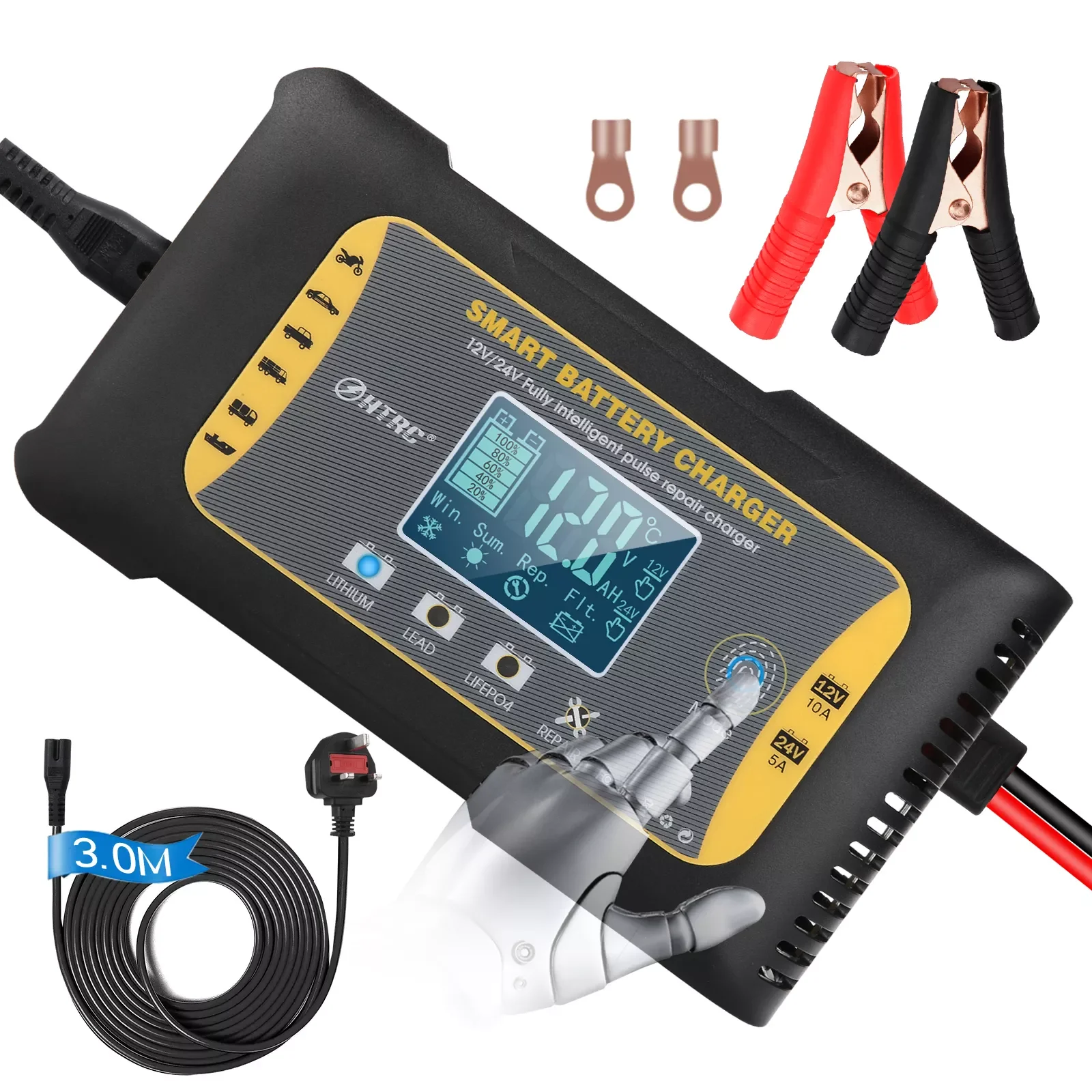 HTRC 10A 12V/24V Car Battery Charger For Lithium LiFePO4 AGM GEL Lead-Acid Battery 7-Stage Automatic Charging Motorcycle Charger
HTRC 10A 12V/24V Car Battery Charger For Lithium LiFePO4 AGM GEL Lead-Acid Battery 7-Stage Automatic Charging Motorcycle Charger