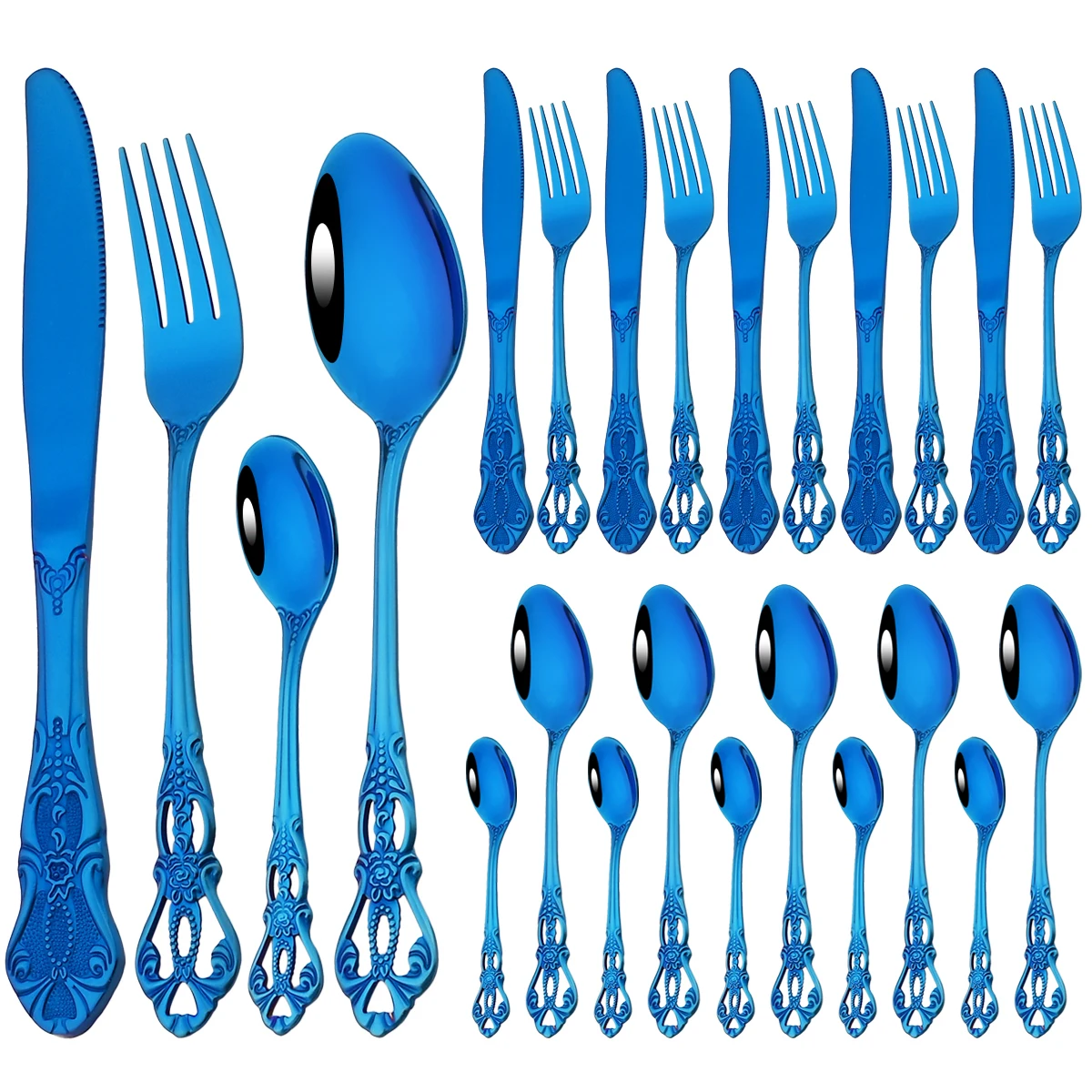 

24Pcs Mirror Stainless Steel Cutlery Set Vintage Blue Dinnerware Set Knives Fork Teaspoon Tableware Kitchen Flatware Silverware