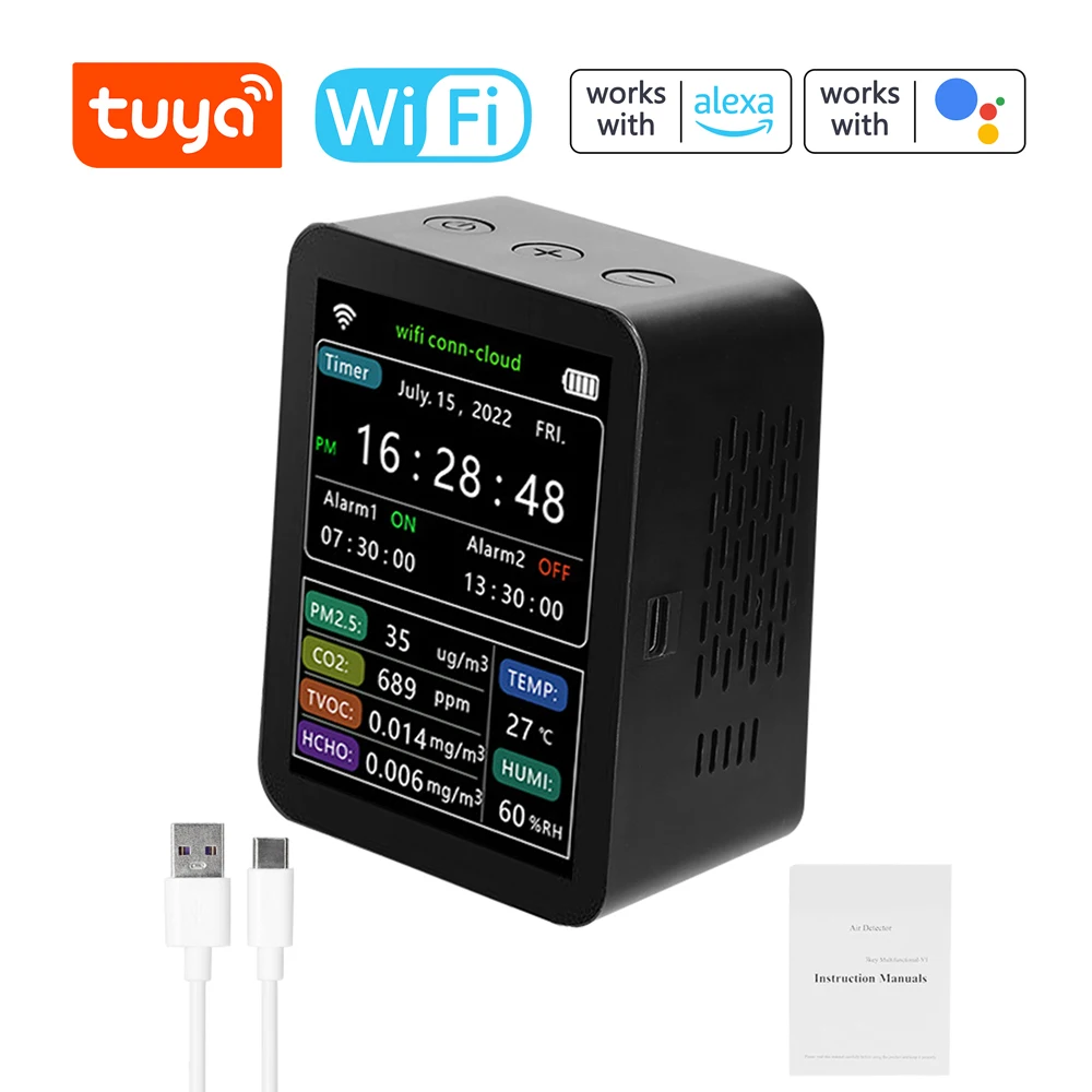 Датчик качества воздуха Tuya 6 в 1, Wi-Fi детектор качества воздуха, PM2.5 CO2 TVOC HCHO, датчик температуры, влажности, времени, даты, недели
Датчик качества воздуха Tuya 6 в 1, Wi-Fi детектор качества воздуха, PM2.5 CO2 TVOC HCHO, датчик температуры, влажности, времени, даты, недели