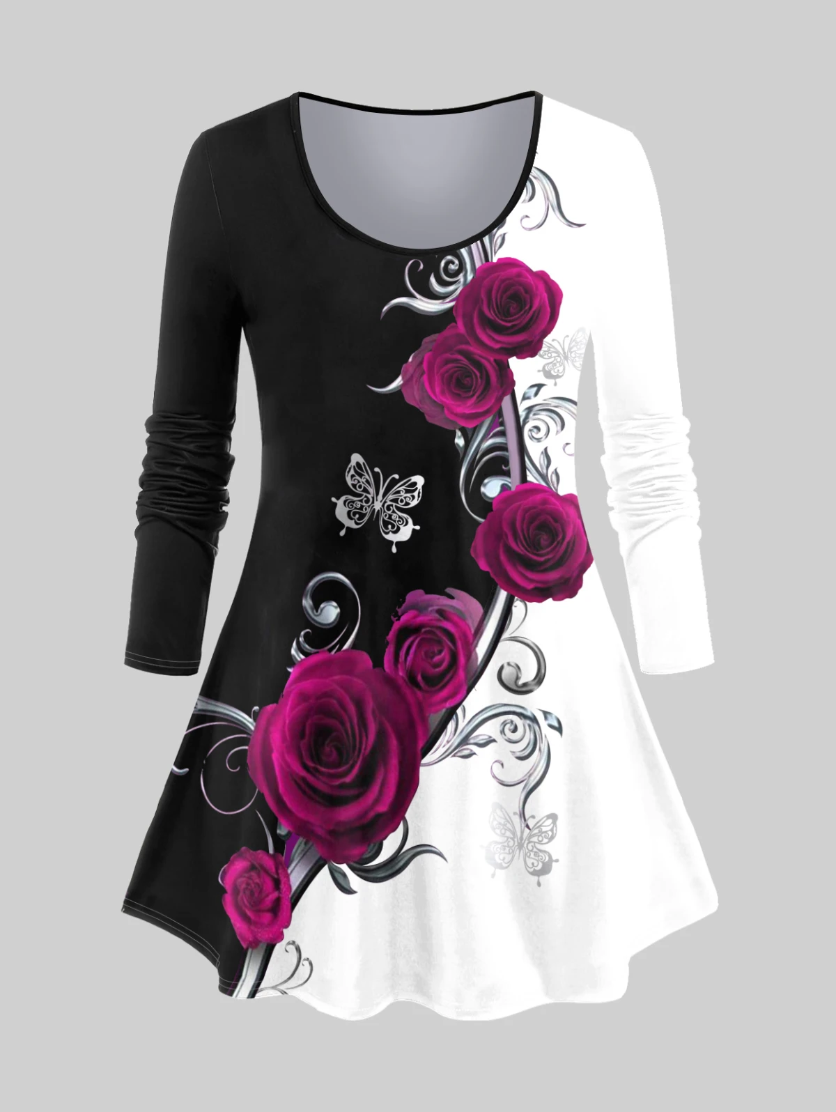 

ROSEGAL Plus Size Women's Casual Top 3D Rose Printed Colorblock Long Sleeves Tees Shirt Scoop Neck Long Sleeve Blouses 5XL