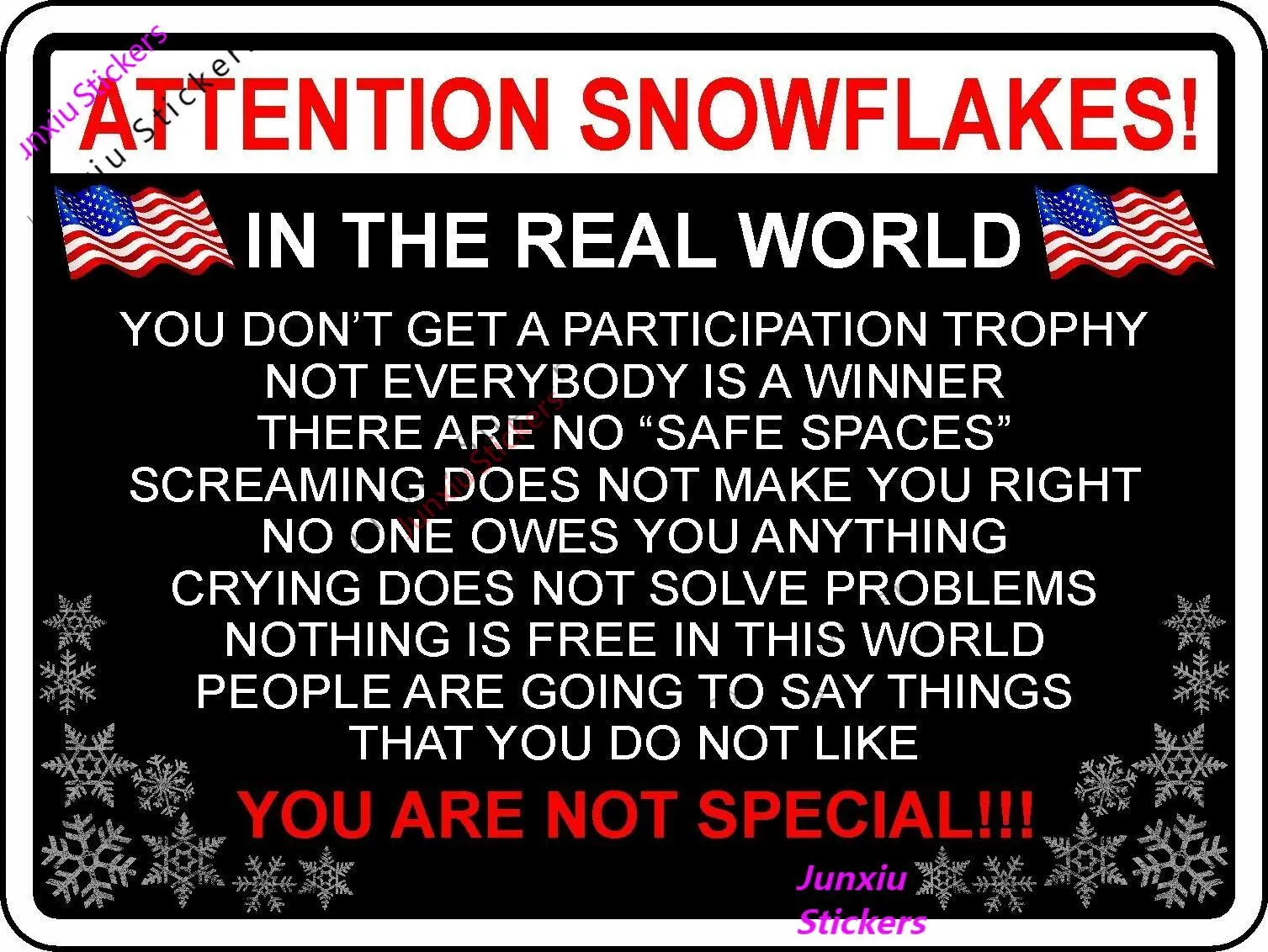 Creative Car Stickers Decals Attention Snowflake Funny Political Trump Funny Vinyl Bumper Sticker Camper Car Accessories KK10cm
Creative Car Stickers Decals Attention Snowflake Funny Political Trump Funny Vinyl Bumper Sticker Camper Car Accessories KK10cm