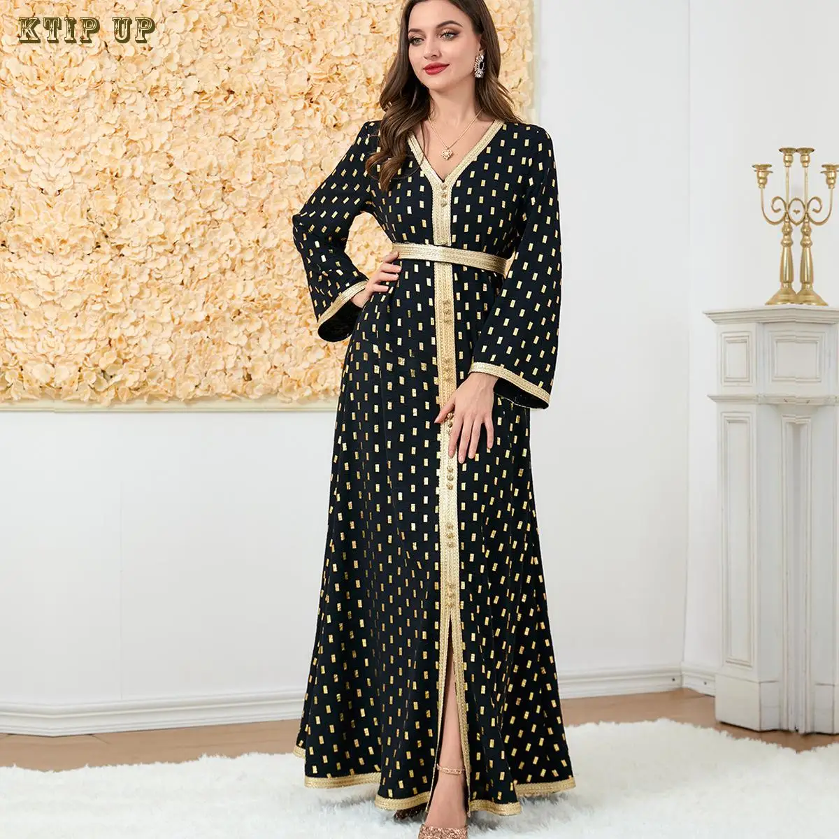 

Gold Printed Arabic Long Dress Jalabiya Elegant Muslim Dubai Abaya Women Islam Moroccan Caftan Saudi Ramadan Black Party Robe