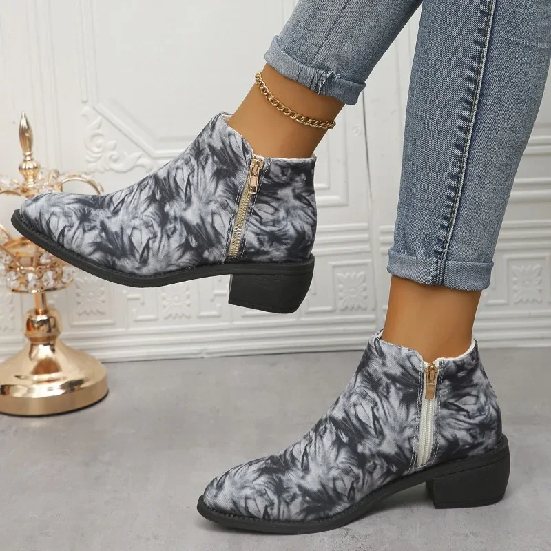 

Женские ботинки в стиле ретро, ботильоны с принтом, молния сбоку, заостренный носок, квадратный каблук, обувь, 2023