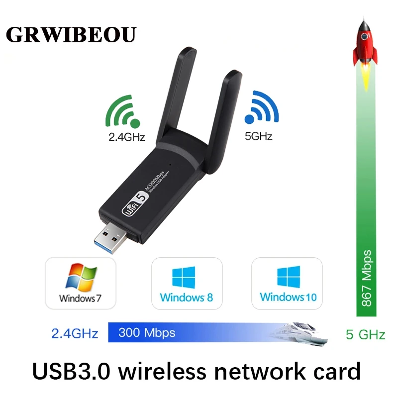 

GRWIBEOU USB3.0 wireless network card 1200Mbps Wifi adapter antenna dongle network card is suitable for laptop desktop computers
