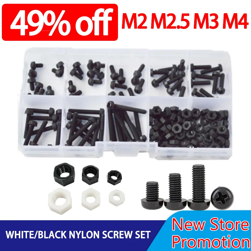 

M2 M2.5 M3 M4 White Black Nylon Screw Bolt Nut Set Assortment Kit Pan Round Head Phillips Metric Thread Cross Machine Plastic