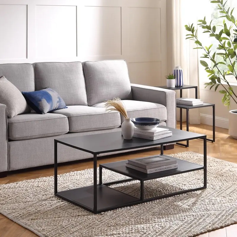 Metal and Wood Coffee Table with Tiered Shelves, Black 
Metal and Wood Coffee Table with Tiered Shelves, Black