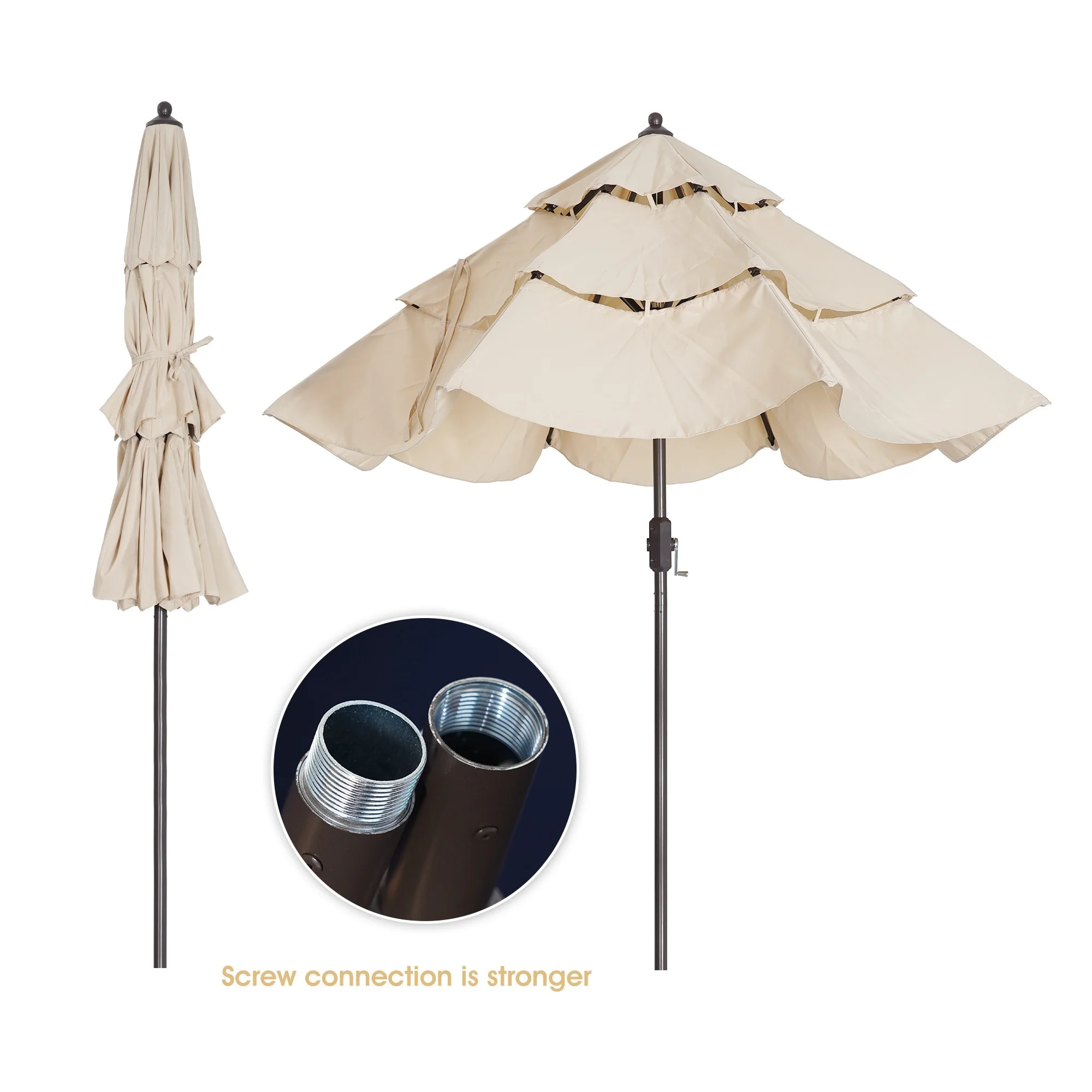YG Patio Umbrella 3 Tiers Outdoor Umbrella Patio Table Umbrella with Push Button Tilt, Crank and 8 Ribs - beige
YG Patio Umbrella 3 Tiers Outdoor Umbrella Patio Table Umbrella with Push Button Tilt, Crank and 8 Ribs - beige