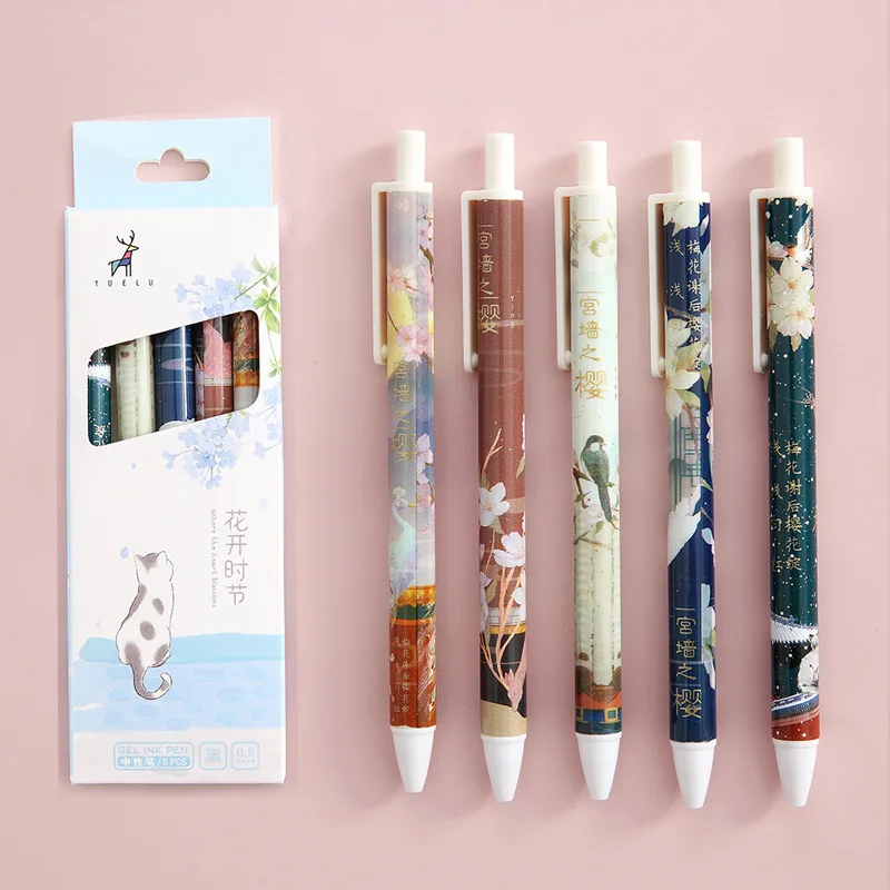 5Pcs/Set Cute Peach Macaroon Color Retractable Gel Pen Black Ink Signature Writing for Kids School Office Kawaii Stationery |