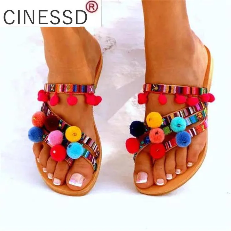 Summer New Ladies Slippers Fringed Color Fur Ball Flat Bottom Roman Slippers Ethnic Style Beach Slippers Zuecos De Verano Mujer
Summer New Ladies Slippers Fringed Color Fur Ball Flat Bottom Roman Slippers Ethnic Style Beach Slippers Zuecos De Verano Mujer