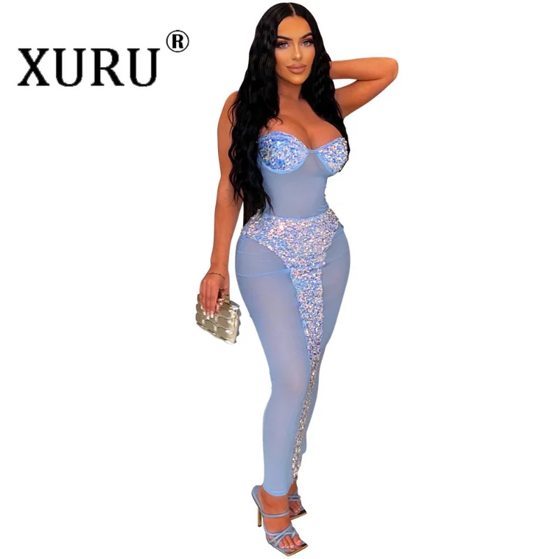 

XURU Spring and Summer New Sexy Strapless Perspective Bead Dress, Sexy Nightclub Party Dress, Black, Blue, White Sequin Dress