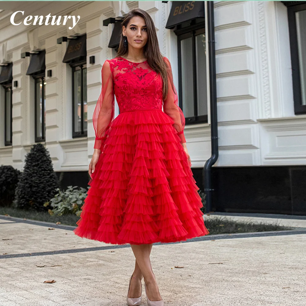 

Wonderful Red Prom Dresses Long Sleeve Evening Dresses A Line Ruffled Prom Gowns Tulle Tea Length Party Special Occasion Gowns