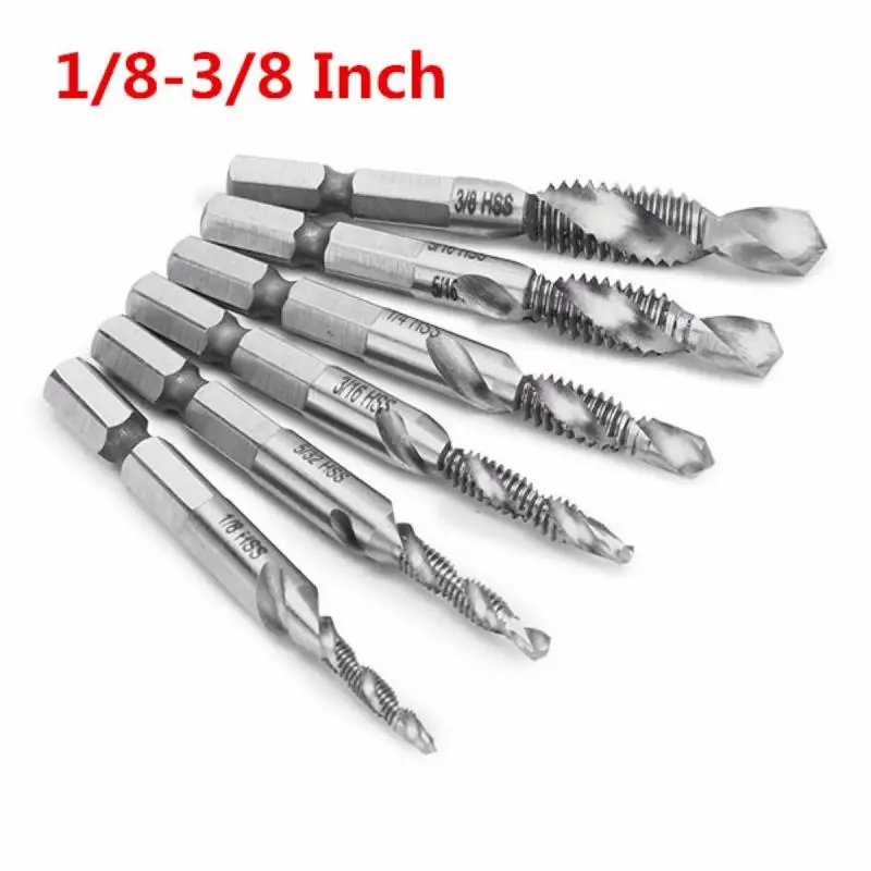 6Pcs 1/8-3/8 Inch HSS Combination Screw Tap Drill 1/4" Hex Shank Spiral Deburring Countersink Drill Bit Metalworking Tool
6Pcs 1/8-3/8 Inch HSS Combination Screw Tap Drill 1/4" Hex Shank Spiral Deburring Countersink Drill Bit Metalworking Tool