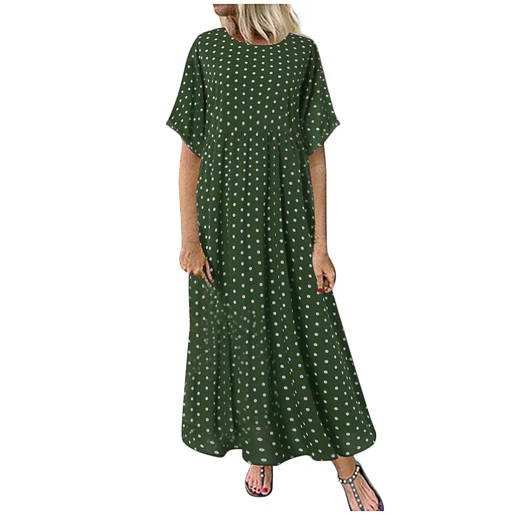 

Vintage Summer Maxi Dress Women's Polka Dots Printed Sundress Casual Short Sleeve Vestidos Crew Neck Beach Holiday Party Dresses