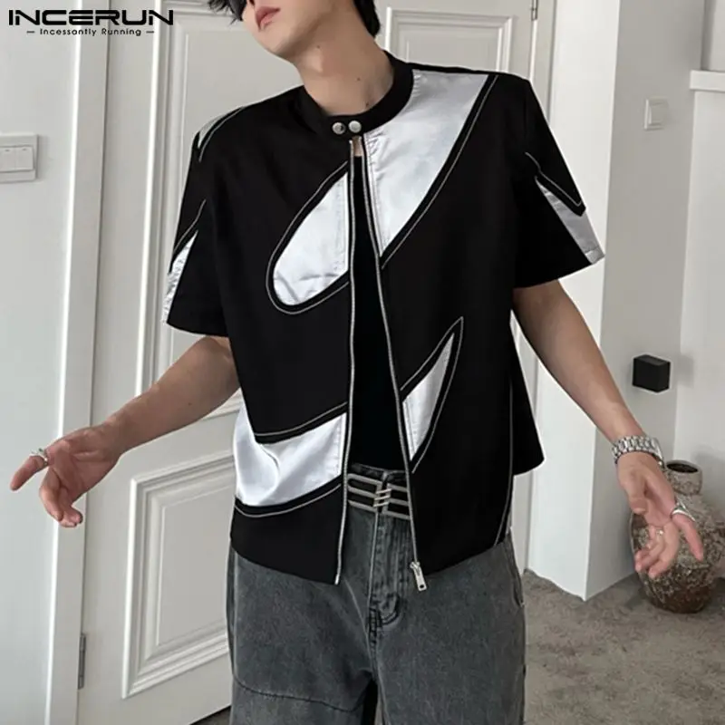 

INCERUN Tops 2023 Men's Contrasting Graphic Shoulder Pad Blouse Handsome Male Hot Sale Cropped Zippered Short Sleeve Shirt S-5XL