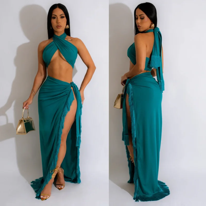 Summer Women Sexy Two Piece Set Outfits Elegant Bandage Crop Top High Waist Slit Tassel Maxi Skirt Suit Set Vacation Outfits
Summer Women Sexy Two Piece Set Outfits Elegant Bandage Crop Top High Waist Slit Tassel Maxi Skirt Suit Set Vacation Outfits