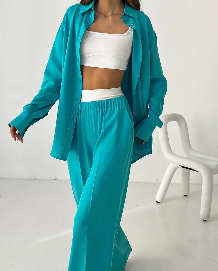 Women Pants Set Casual Two Piece Set Turn Down Collar Shirts High Waist Wide Leg Pants Streetwear
Women Pants Set Casual Two Piece Set Turn Down Collar Shirts High Waist Wide Leg Pants Streetwear
