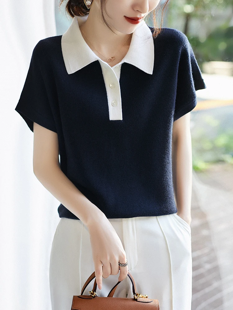 BETHQUENOY Contrast Polo Collar Knitted Top Woman Short Sleeve Casual T Shirt Femme Camisetas De Mujer Summer Clothes For Women
BETHQUENOY Contrast Polo Collar Knitted Top Woman Short Sleeve Casual T Shirt Femme Camisetas De Mujer Summer Clothes For Women