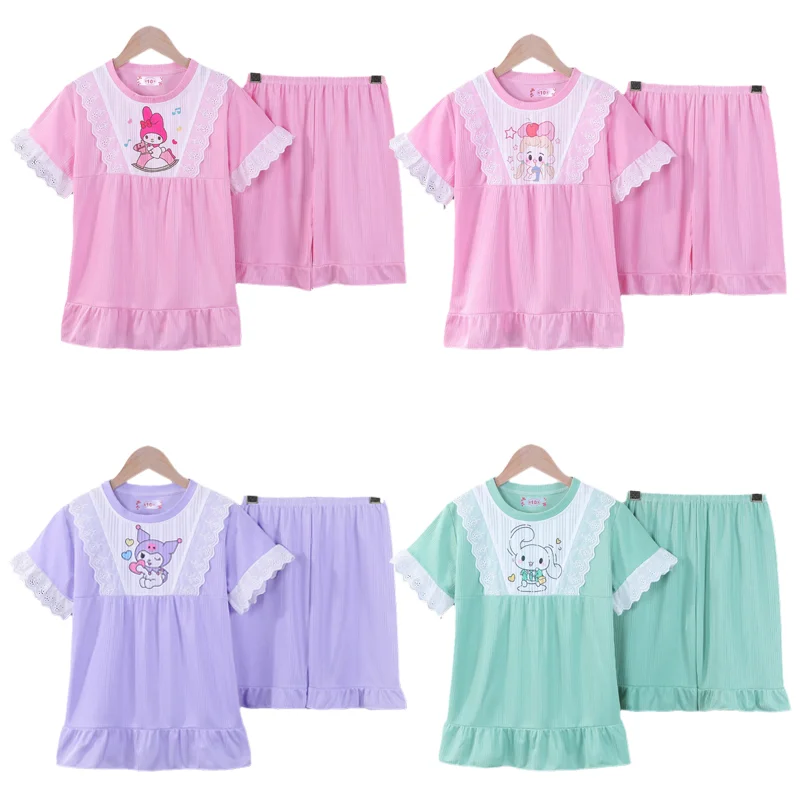 Cute Cartoon Sanrios My Melody Kuromi Cinnamoroll Children Thin Lace Pajama Set Kawaii Summer Short Sleeve Shorts Home Clothing
Cute Cartoon Sanrios My Melody Kuromi Cinnamoroll Children Thin Lace Pajama Set Kawaii Summer Short Sleeve Shorts Home Clothing