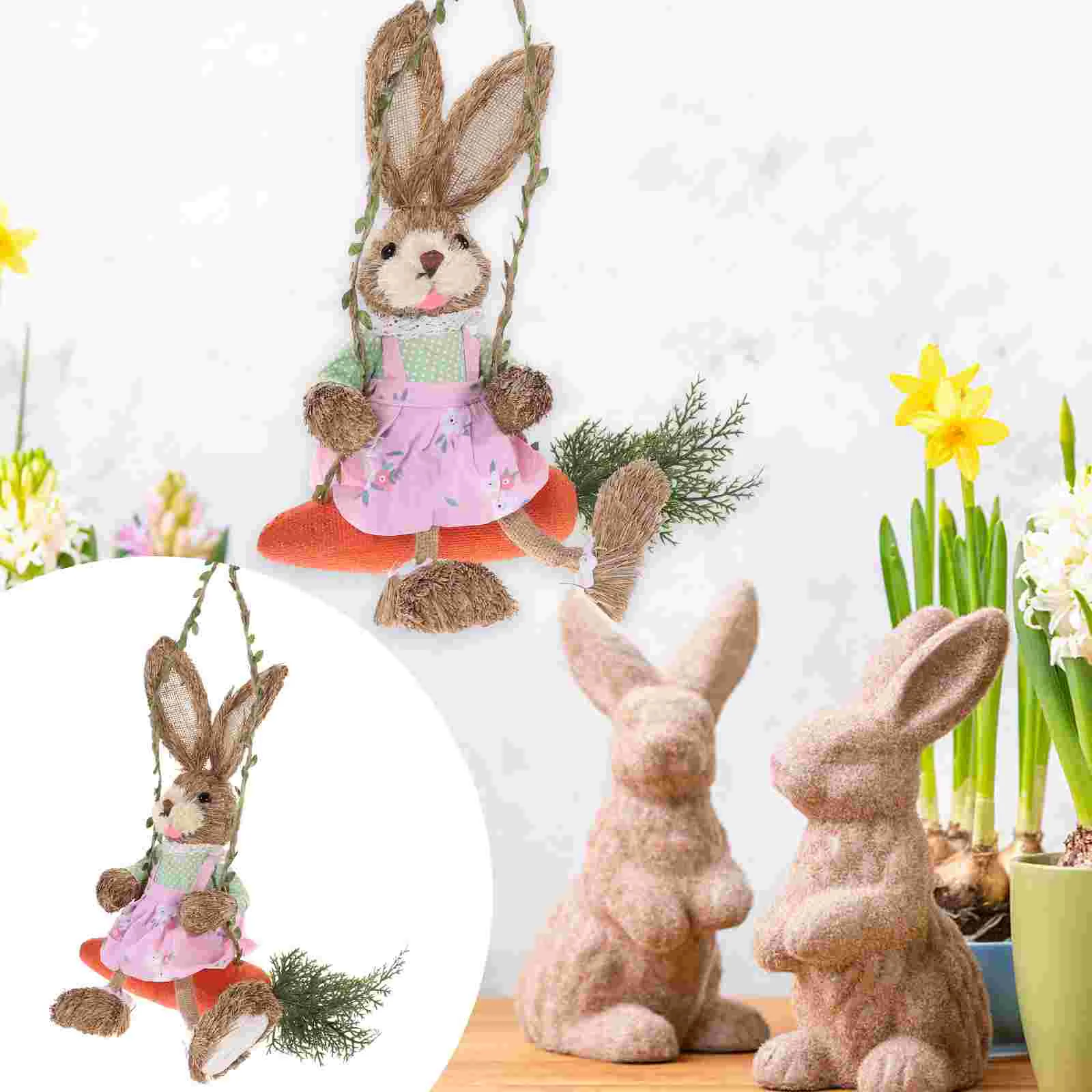 

Straw Rabbit Home Decoration Standing Bunny Figurine Household Sisal Siting Bunny Figurine Cloth Woven Easter Bunny