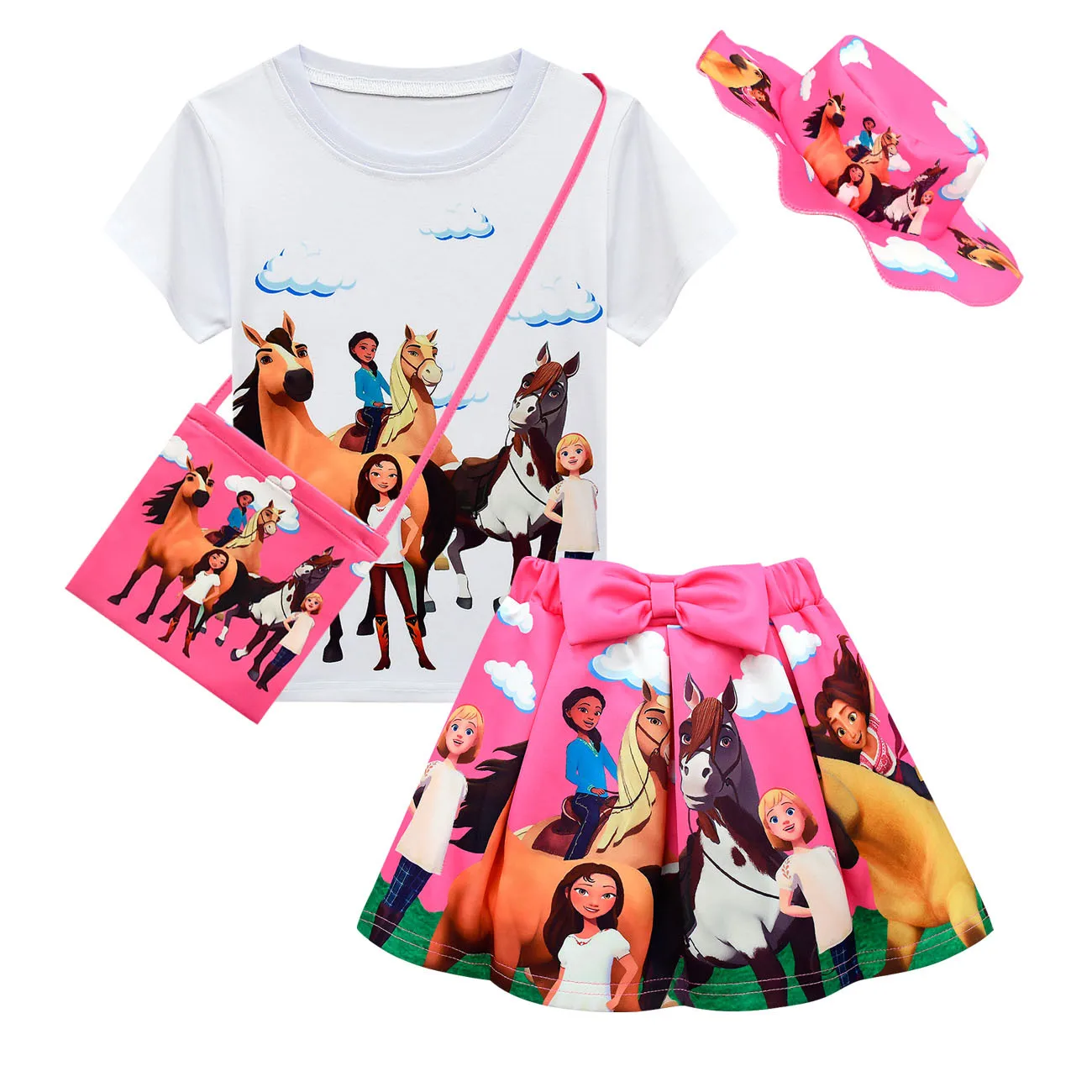 Kids Spirit Riding Free Clothes Sets Hot Summer Short Sleeve Top+Bow Cartoon Print Skirt+Bag+hat 4-piece Children Clothing Suit
Kids Spirit Riding Free Clothes Sets Hot Summer Short Sleeve Top+Bow Cartoon Print Skirt+Bag+hat 4-piece Children Clothing Suit