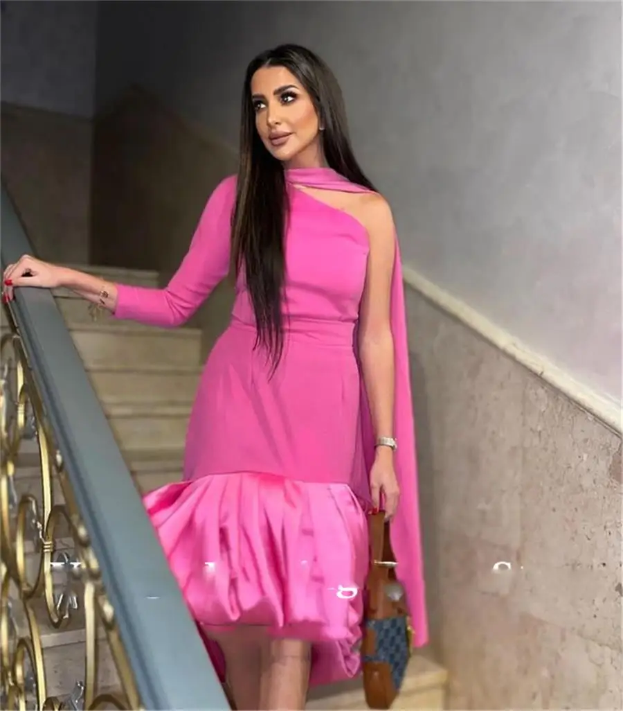 Simple Pink Prom Dresses One Shoulder Long Sleeve Satin Tea Length Evening Gowns Arabric Women Party Plus Size
Simple Pink Prom Dresses One Shoulder Long Sleeve Satin Tea Length Evening Gowns Arabric Women Party Plus Size