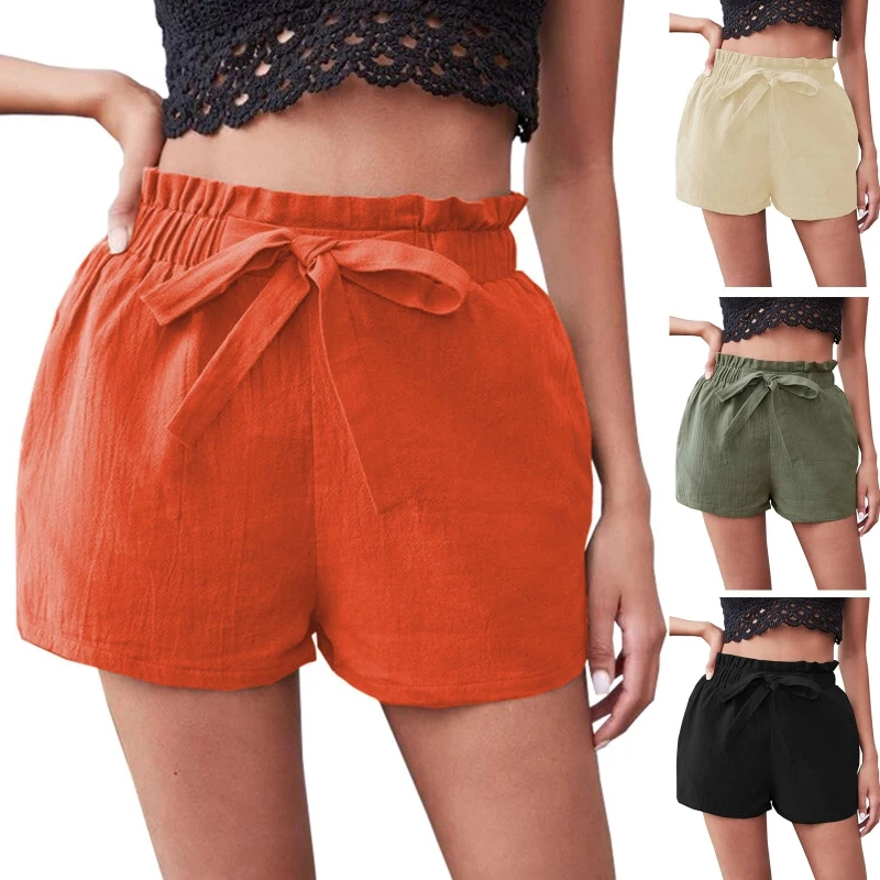 

Women Summer Frill Trim Elastic High Waist Shorts Tie Knot Front Simple Solid Color Casual Loose Straight Leg Short Pants