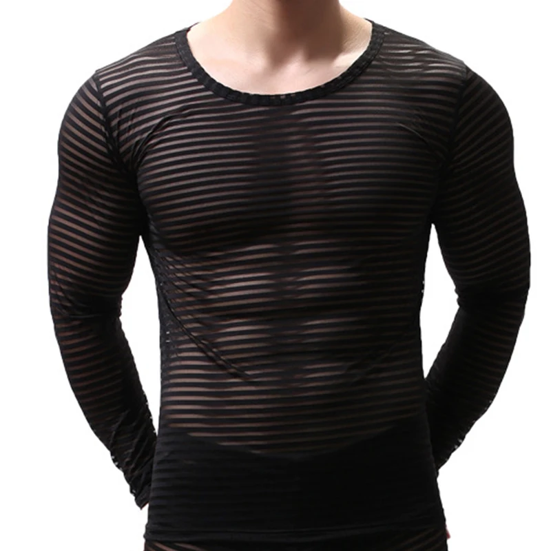 

Sexy Men's Long Sleeve T Shirt See Through Transparent Striped Mesh Undershirt Breathable Soft Tops Tees Party Club Nightwear